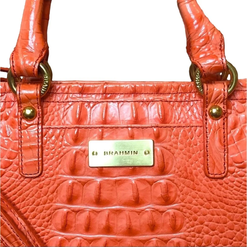 BRAHMIN Croc Embossed Leather Rolled Top Handle Tangerine Satchel Shoulder Bag